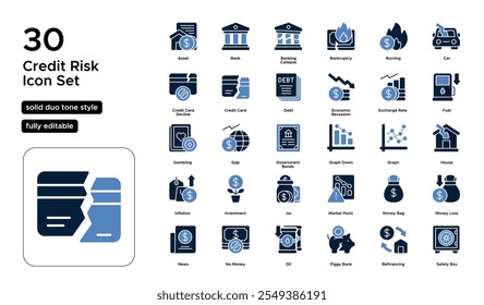 Credit Risk Solid Duo Tone Icon Set: Risk Assessment, Credit Ratings, and Default Potential Icons