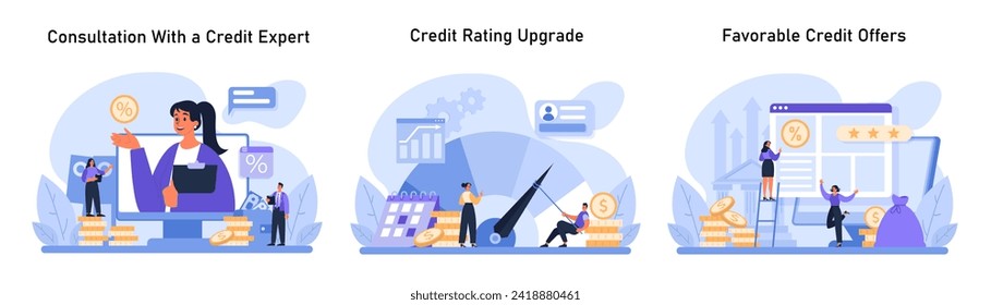 Credit Score Advancement Set. Expert consultation for credit improvement, strategic rating upgrades, and securing favorable credit offers. Flat vector illustration