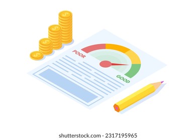 Credit score app with rating scale from poor to good rate.  Isometric Vector illustration.
