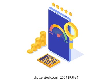 Credit score app with rating scale from poor to good rate.  Isometric Vector illustration.
