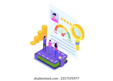 Credit score app with rating scale from poor to good rate.  Isometric Vector illustration.
