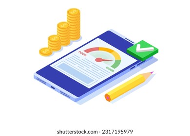 Credit score app with rating scale from poor to good rate.  Isometric Vector illustration.
