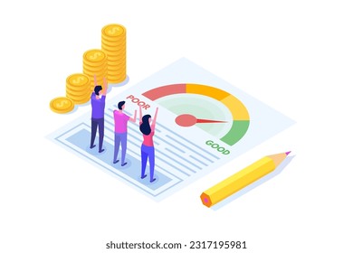 Credit score app with rating scale from poor to good rate.  Isometric Vector illustration.
