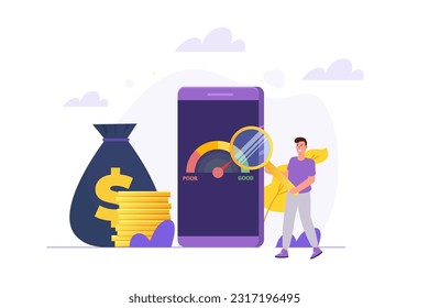 Credit score app with rating scale from poor to good rate. Vector illustration.