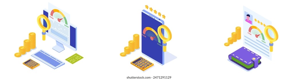 Credit score app with rating scale from poor to good rate.  Set Isometric Vector illustration.
