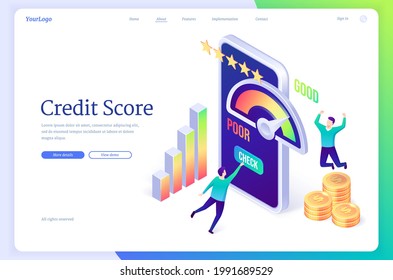 Credit score banner. Mobile application with rating scale from poor to good rate. Vector landing page with cartoon illustration with people, loan meter on smartphone screen, graph and money