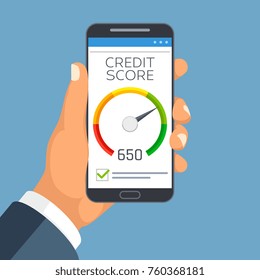 Credit Score Business Report On Smartphone Screen. Credit Rating Meter App Vector Concept. Credit Financial Indicator Rating Illustration