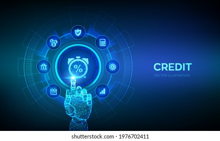 Credit Score Button. Credit Or Mortgage Loans Rating Business Concept On Virtual Screen. Digital Financial And Banking Services. Robotic Hand Touching Digital Interface. Vector Illustration.