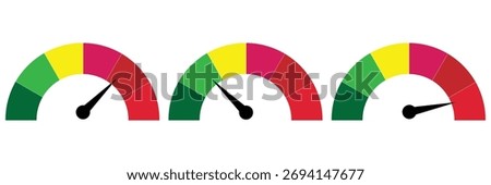 Credit Score chart icon set. Dashboard speedometer icons set. Tachometer icon isolated. Performance indicator sign. Car speed. Fast internet speed sign. Stock flat vector minimalist and modern concept