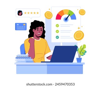 Credit score check illustration. Credit Score with loan arrow gauge speedometer indicator from poor to good rate. Financial literacy concept