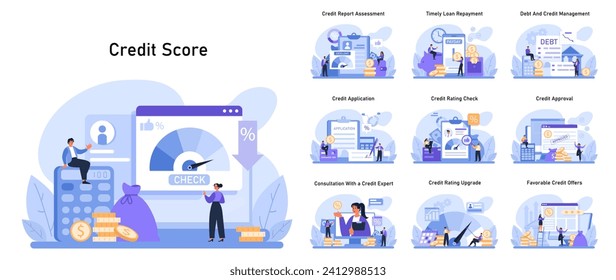 Credit Score Concept. Comprehensive financial health analysis through credit report assessment, timely loan repayment, and effective debt management strategies. Flat vector illustration