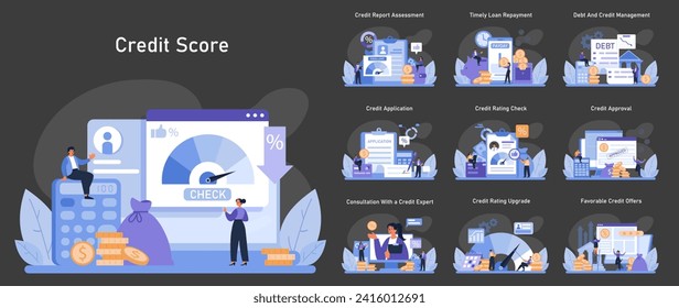 Credit Score Concept. Comprehensive financial health analysis through credit report assessment, timely loan repayment, and effective debt management strategies. Flat vector illustration