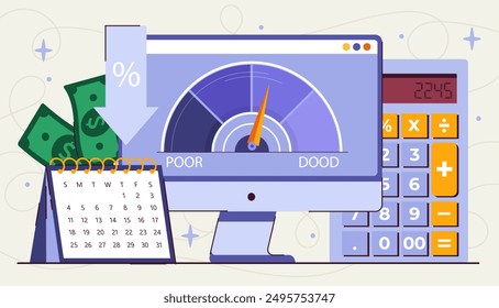 Credit score concept. Computer monitor near calculator. Financial literacy, budgeting and accounting. Bank gauge indicator program. Flat vector illustration isolated on grey background