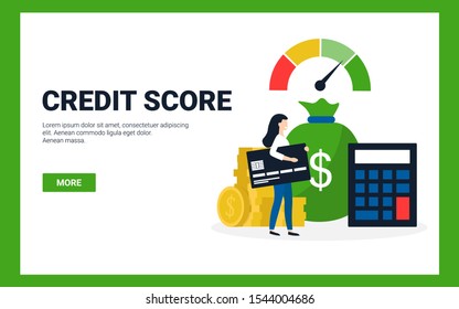Credit score concept. Flat vector scale changing credit information from poor to good, calculator, coins, woman with card.