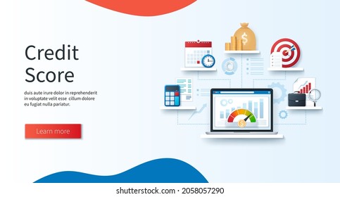 Credit score concept. Laptop with credit rating icon on the screen. Calculating, schedule, profit, goals, business report icons. Web vector illustrations in 3D style