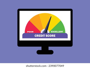 Credit score concept. Credit score meter on computer screen. Loan rating scale with levels from poor to Excellent. Vector illustration