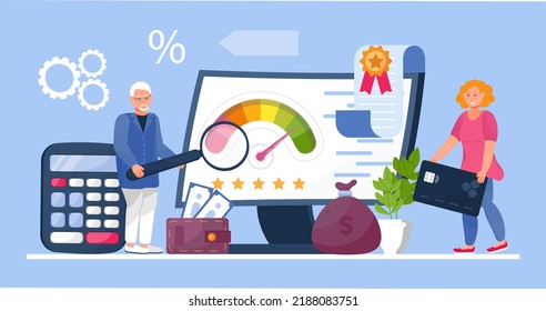 Credit score concept vector. Bank managers examine the client credit history from bad to good. Payment history measurement tool. Credit card, indicator, money are shown.