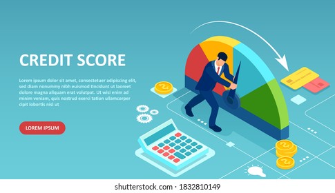 Credit score concept. Vector of a businessman pushing scale arrow changing credit history from poor to good.