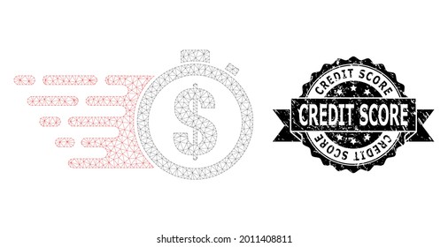 Credit Score corroded stamp and vector credit time mesh structure. Black seal includes Credit Score tag inside ribbon and rosette. Abstract flat mesh credit time, designed with flat mesh.