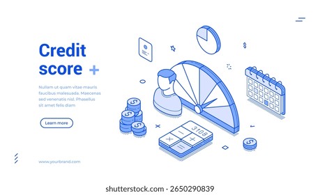 Pontuação de crédito cliente bancário taxa de fidelidade outline isométrica web banner design modelo vetor ilustração. Página inicial de débito de planejamento de lucro de classificação de custo contábil de cliente pessoal do banco financeiro