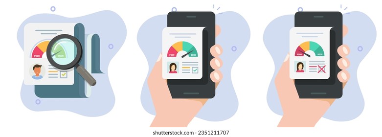 Puntuación de crédito o indicador de valoración de clientes gráfico vectorial de icono, informe de revisión del nivel de hipoteca de préstamo malo en el teléfono móvil, evaluación del progreso de la escala de empleados, clipart de imagen de riesgo financiero