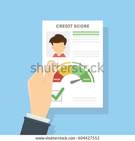 Credit score document. Man holds the aper with foto and personal information about credit and index.