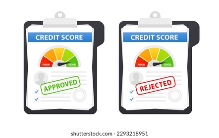 Credit score document. Stamp Approved rejected. Paper sheet chart of personal credit score information. Good credit and bad history index and approved stamp. Investment concept. Vector illustration