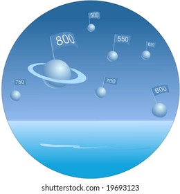 Credit score flags on planets in blue sky