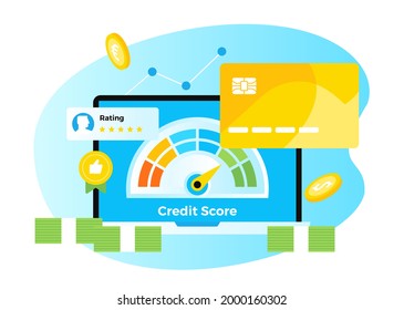 Credit score flat design vector illustration. Computer with the credit card. Online banking. Bank risk credit policy. Online chat and application. 
