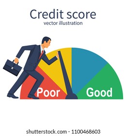 Credit score, gauge. Businessman pushing speedometer scale changing personal credit information. Poor and Good. Vector illustration flat design. Isolated on white background. Business aspirations.