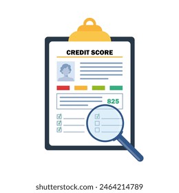 Credit score, gauge. Clipboard with a personal credit information and magnifier. Report form document