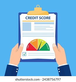 Credit score, gauge. Holding the clipboard in the hands of a man with a personal credit information. Credit history and rating. Vector illustration in flat style