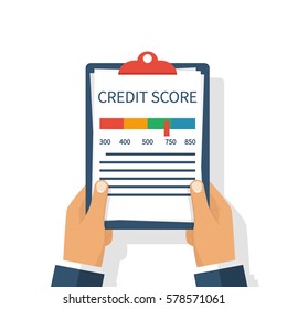 Credit Score, Gauge. Holding The Clipboard In The Hands Of A Man With A Personal Credit Information. Report Form Document. Vector Illustration Flat Design. Isolated On White Background. Graph Sheet