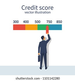 Credit score, gauge. Man changing personal credit information. Report form document. Vector illustration flat design. Isolated on white background. Graph sheet.