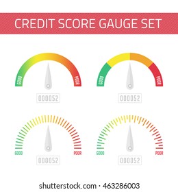 Credit Score Gauge set. Manometer vector illustration in flat style. Score indicator isolated set. Vector EPS 10. 