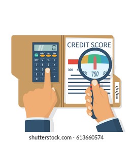 Credit Score, Gauge. Study Credit Information. Hold Calculator And Magnifying Glas. Report Form Document. Vector Illustration Flat Design. Isolated On White Background. Graph Sheet. Financial Rating.