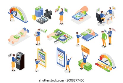 Credit score history report characters of loan debtors isometric icons set isolated on white background vector illustration