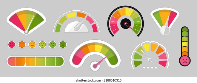 Credit score icon set vector. Bank indicator of client credit history from bad to good. Payment history measurement tool. 