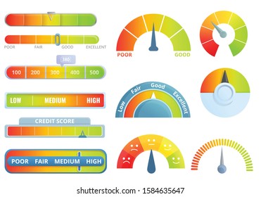 Credit score icons set. Cartoon set of credit score vector icons for web design
