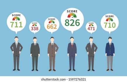 credit score image,people standing with score,vector illustration,blue background