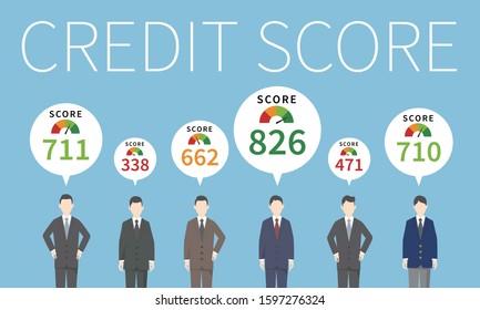 credit score image,people standing with score,vector illustration,blue background