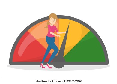 Credit score improvement concept. Woman pushing arrow to make credit history better. Idea of loan and mortgage. Isolated vector illustration in cartoon style