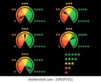 Puntuación de crédito. Indicador de calificación crediticia de bueno a malo, de verde a rojo. Clasificación de fondos de inversión. Calibre de la puntuación de crédito en el fondo negro. Diseño para aplicaciones, sitios web y banners. Ilustración del vector