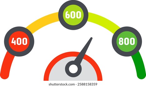 Credit score indicator pointing good rating with colorful segmented scale and numeric values from four hundred to eight hundred, financial and business concept