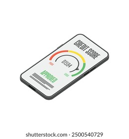 Indicadores de puntaje de crédito o medidores en la pantalla del teléfono inteligente. Manómetro en el teléfono móvil. Evaluación del historial financiero del medidor de puntaje de crédito. 