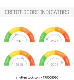 Credit Score indicators set. Manometer with different cursor position isolated on white background. Financial history assessment of credit score meter. Vector illustration EPS 10.