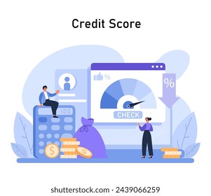 Credit Score Insight. A visual guide to understanding and checking your credit score, illustrated with a calculator, gauges, and financial symbols. Flat vector illustration