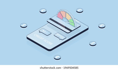 Credit score. Isometric 3d vector illustration. Online banking. Customer satisfaction indicators levels. Accelerate rating illustration. Dollar and euro coins