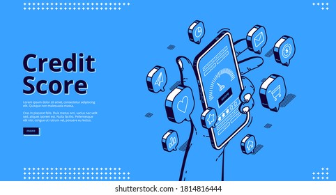 Credit score isometric landing page, hand holding smartphone with application meter. Bank consumer loan personal rating and risk control banking mobile service, 3d vector line art web banner template