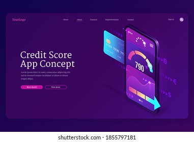 Credit score isometric landing page, bank consumer rating on smartphone screen with application meter. Loan approval and personal risk control banking mobile service, 3d vector web banner template